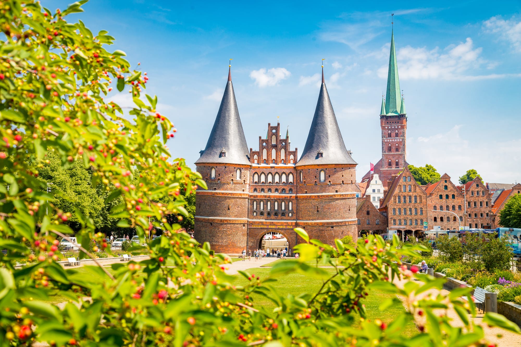 Historic town of Lübeck with famous Holstentor gate in summer,